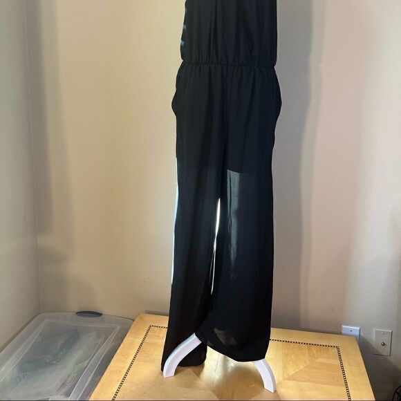 NWT! BCX Dress Black Wide Leg Semi Sheer Jumpsuit with Gold Keyhole Detail L - Picture 4 of 16